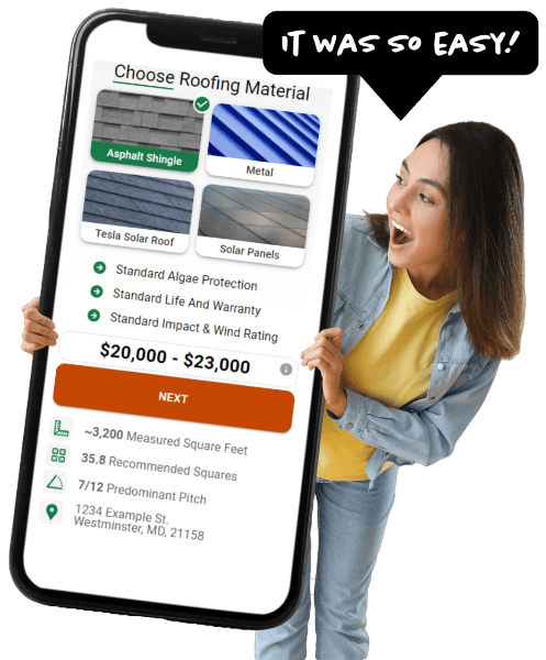 Woman holding phone with roofing calculator